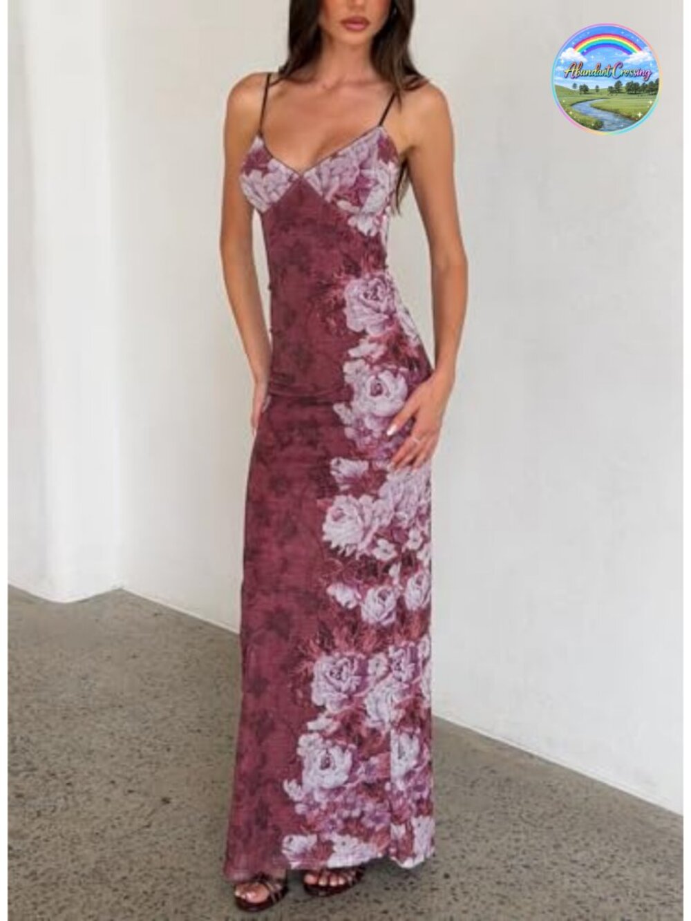 Women Vintage Spaghetti Strap Satin Maxi Dress Backless Floral Slip Bodycon - Picture 4 of 6